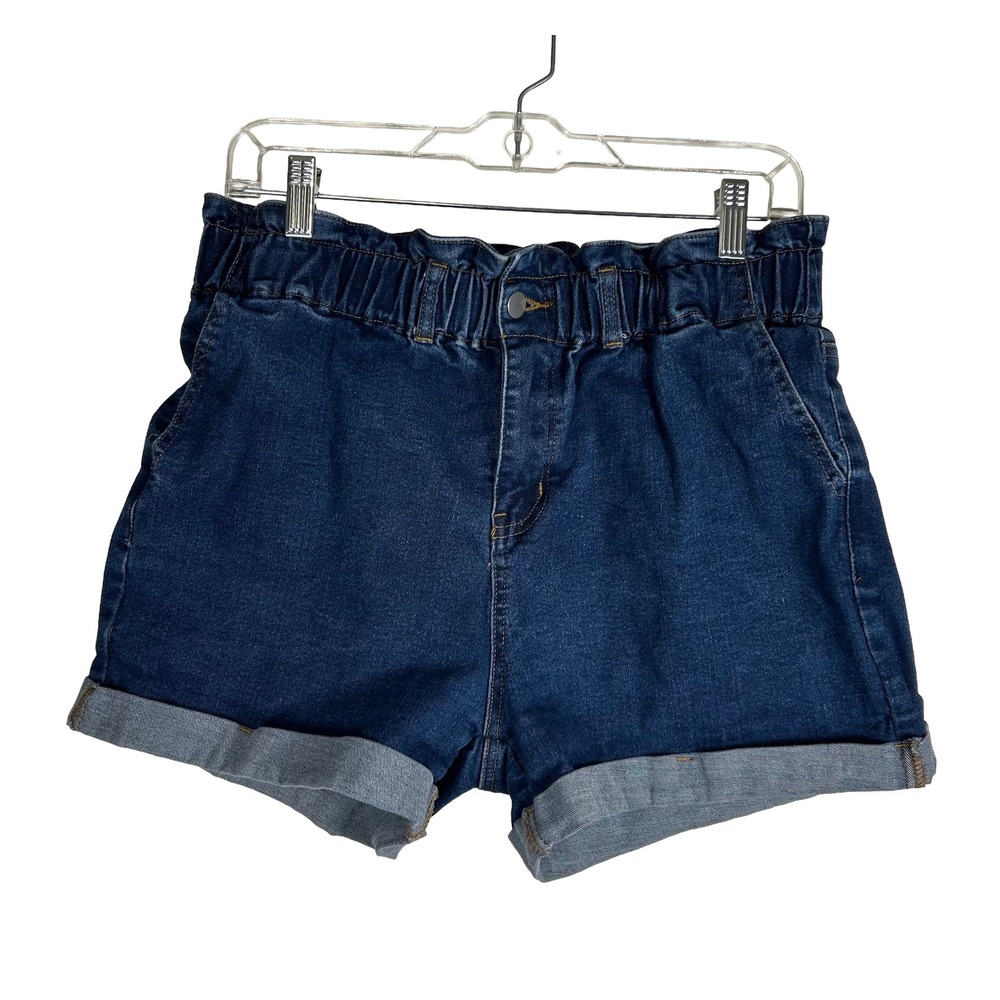 Grace Karin Womens Large Dark Wash Paperbag Waist Cuffed Denim Shorts High Rise